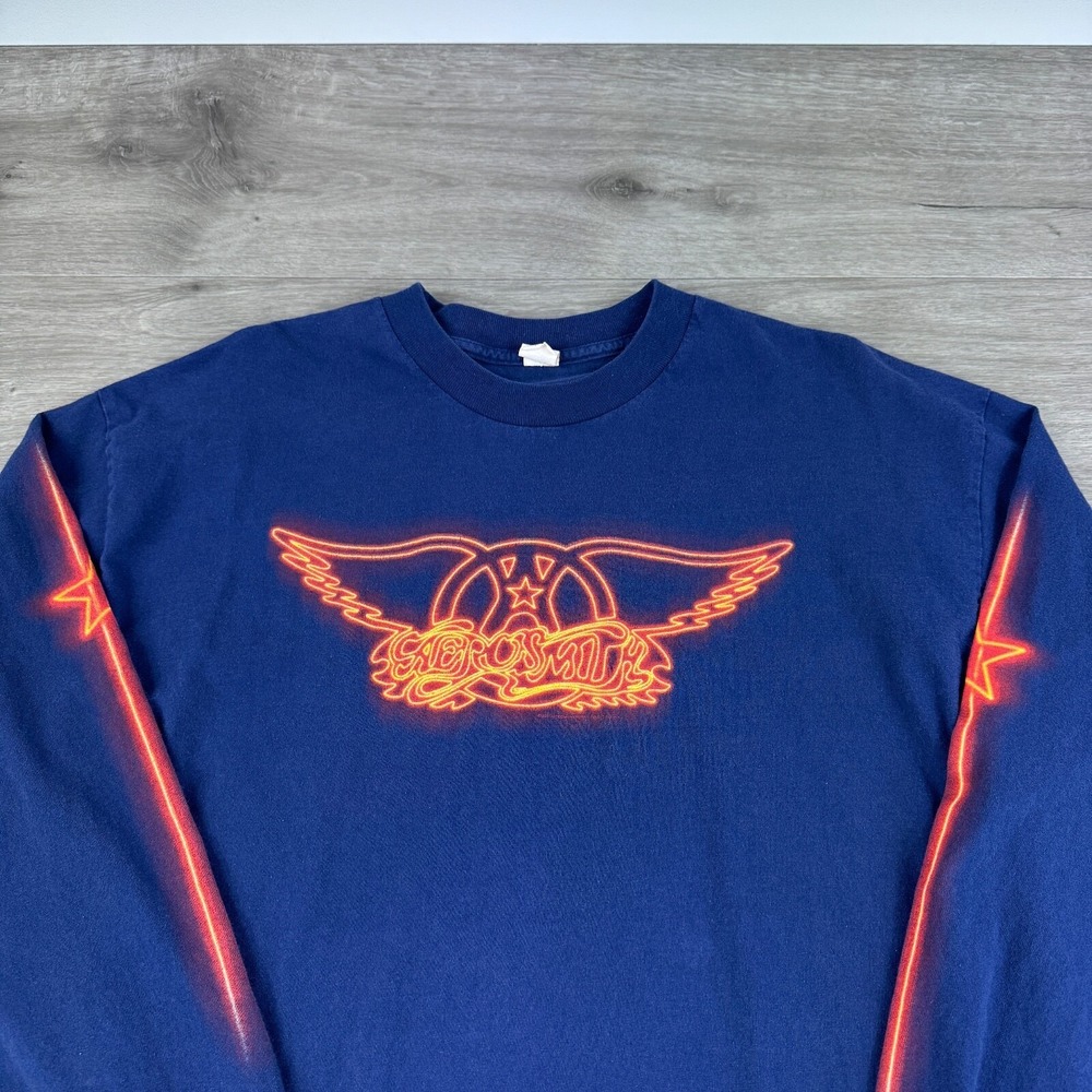 Vintage Aerosmith T-Shirt Navy Blue Grunge Rock Y2K Long Sleeve Band Tee XL